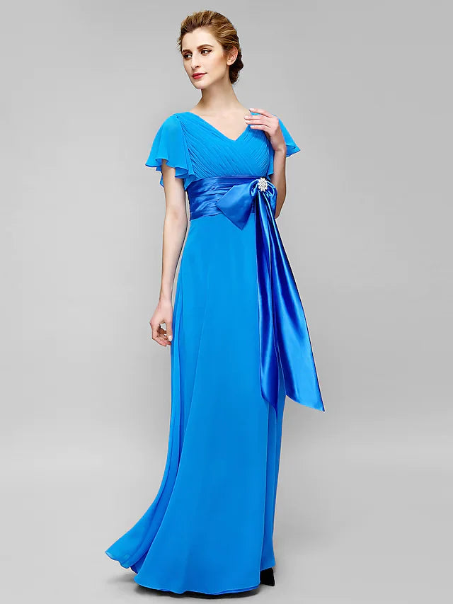 Wholesale Mother of the Bride Dress Elegant V Neck Floor Length Chiffon Short Sleeve with Criss Cross Crystals